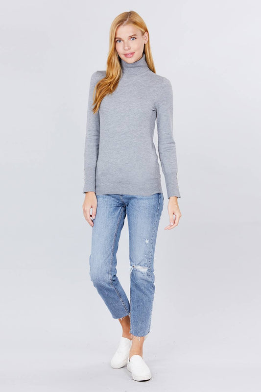 Long Sleeve With Metal Button Detail Turtle Neck Viscose Sweater