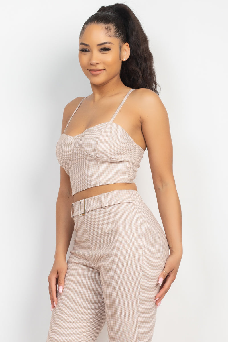 Plaid Houndstooth Cami Crop Top & Belted Pants Set